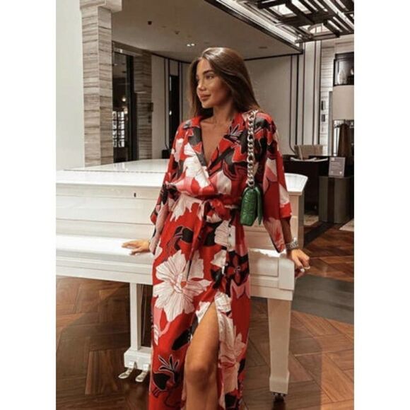 ZARA Satin Floral Print Kimono Style Dress - Picture 1 of 5